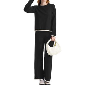 SuperPrity Women Sweater Set 2 or 3 Piece Outfits Short/Long Sleeve Knit  Pullover Tops High Waist Wide Leg Pants Lounge Sets